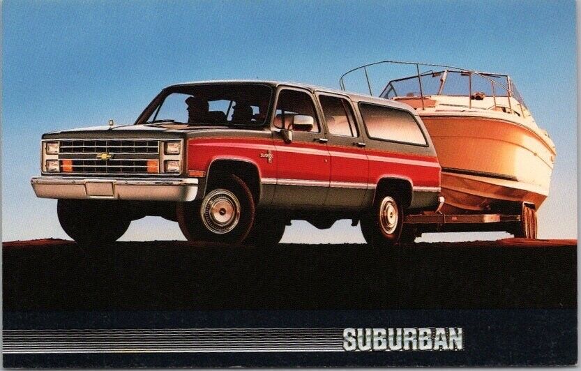 Vintage 1980s CHEVROLET SUBURBAN Advertising Postcard Towing Boat CHEVY Unused