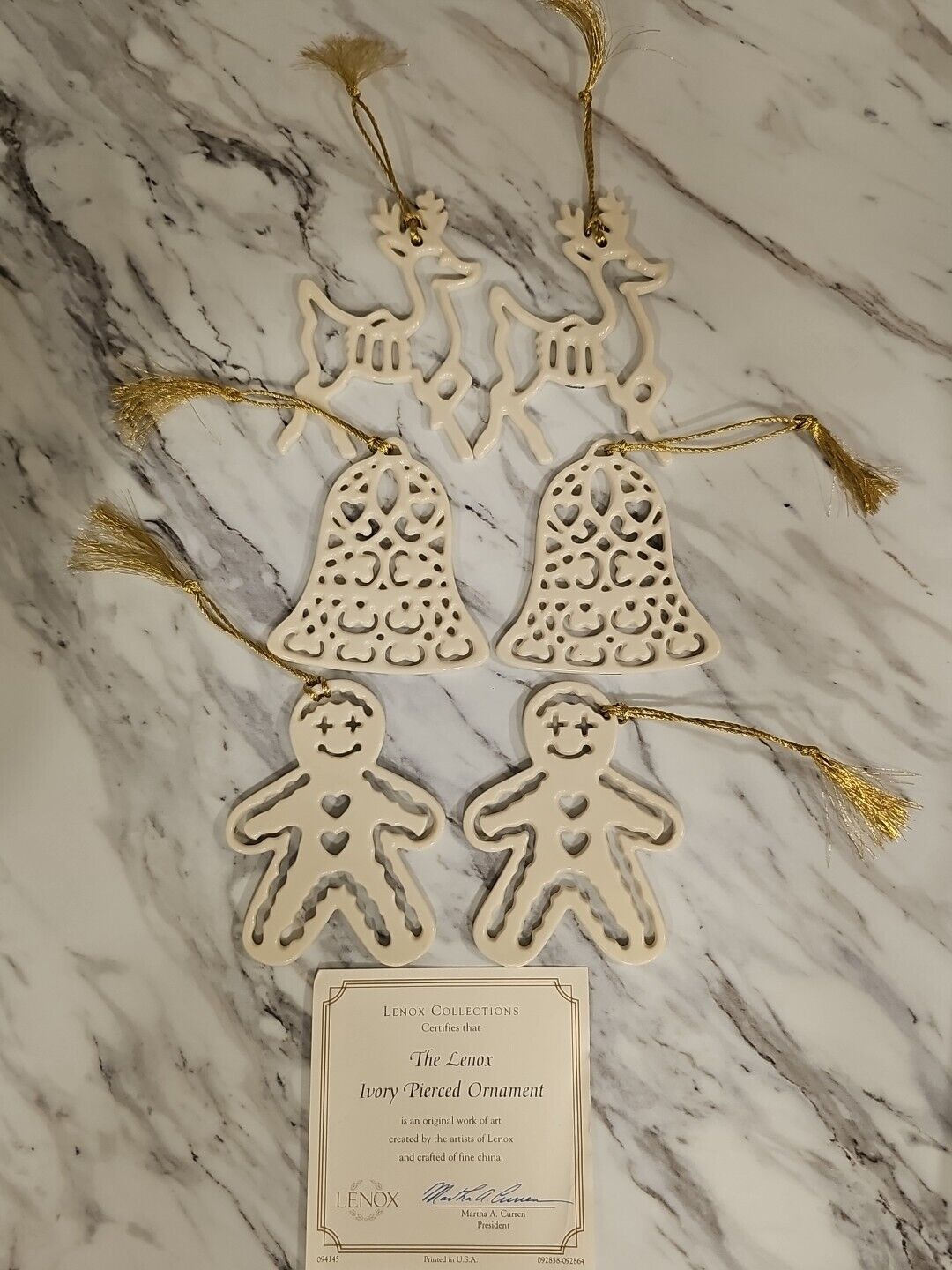 Set Of 6 Vintage LENOX Ivory Pierced Porcelain Christmas Ornaments 