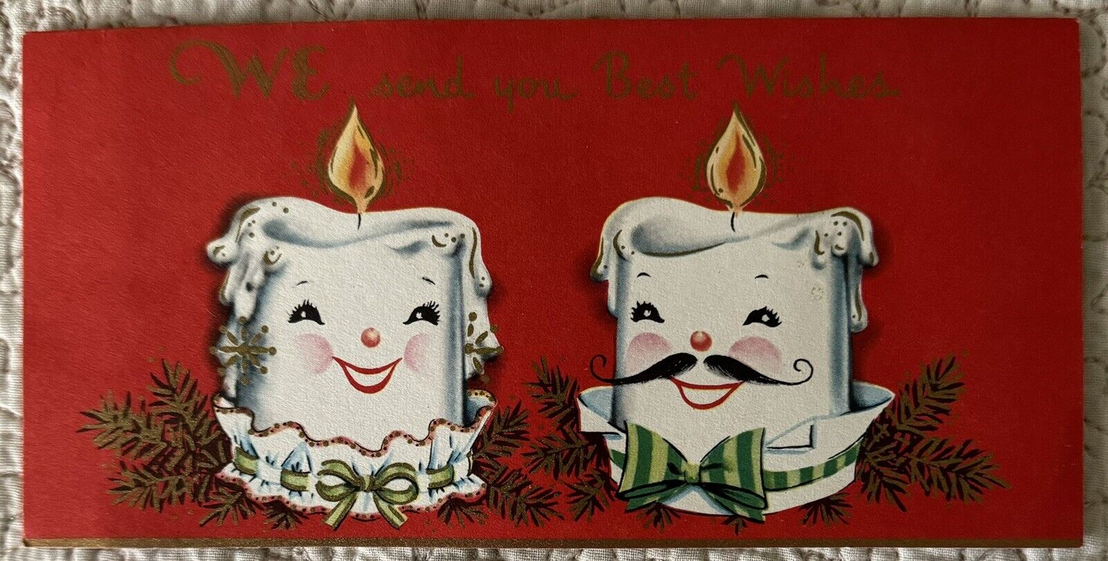 Vintage Christmas Candle Man Woman Anthropomorphic Greeting Card 1950s 1960s