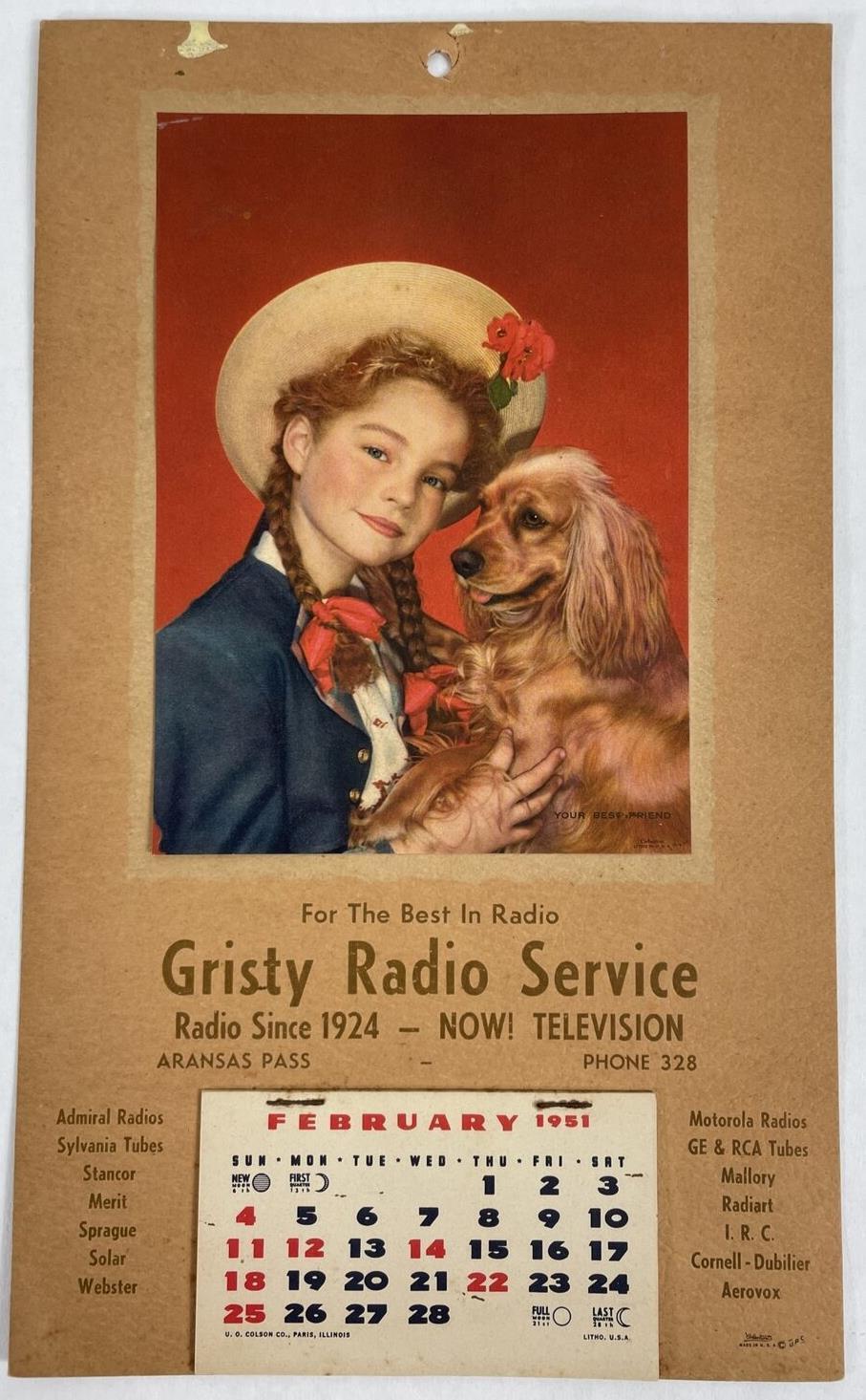 Vintage 1951 Wall Calendar, Girl w/ Pig Tails & Dog, Gristy Radio Service, Texas