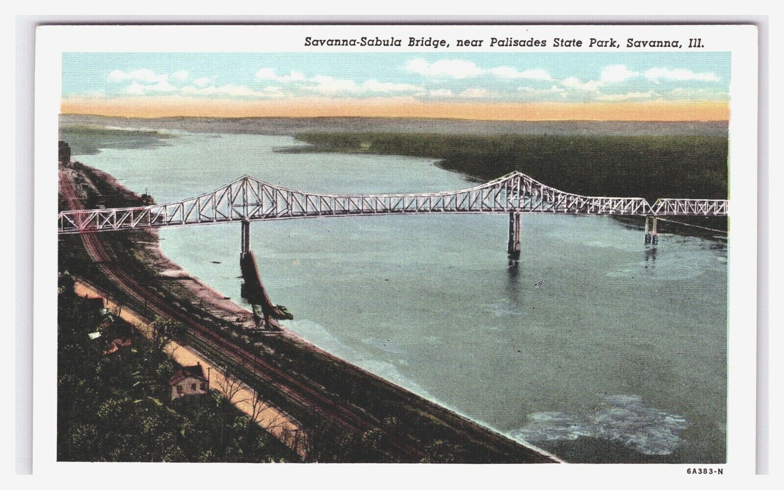 Postcard IL Sabula Bridge Palisades State Park View Water Savanna Illinois