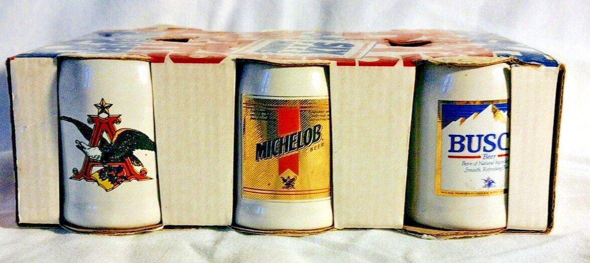 1991 Anheuser Busch 6 pack minis Ceramic Beer Steins Shot Glasses Bud Michelob