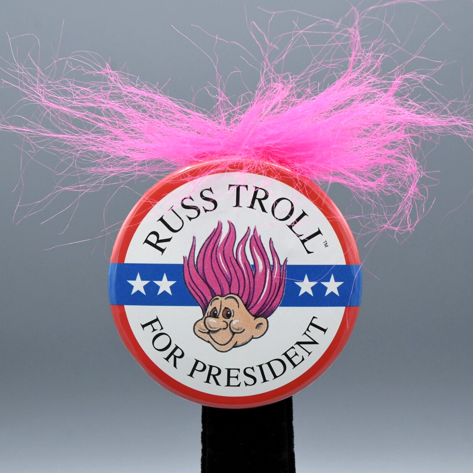 Russ Troll for President Pinback Button Vintage Russ Berrie Pink Hair