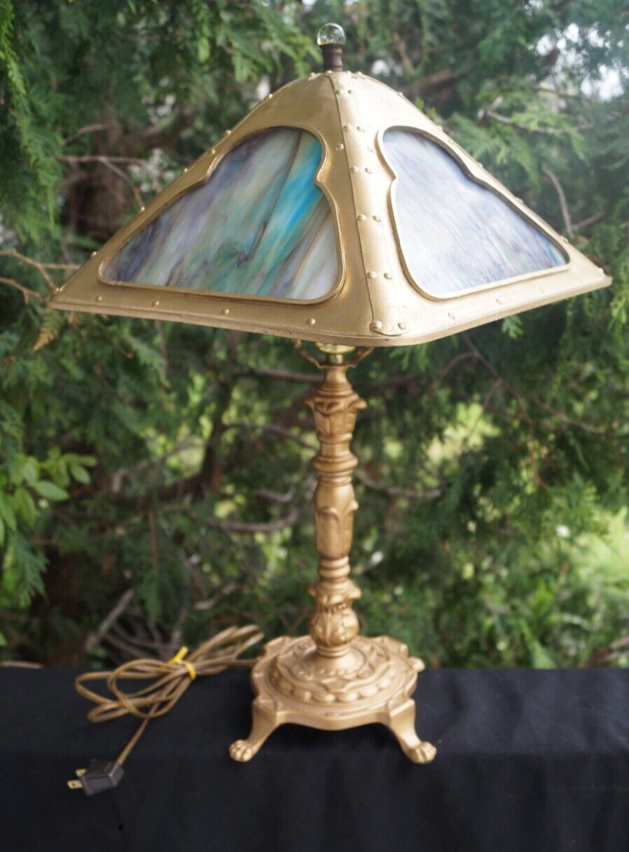 Antique 1910 Miller RAINBOW Slag Glass Table Lamp - SIGNED - Restored - Mission