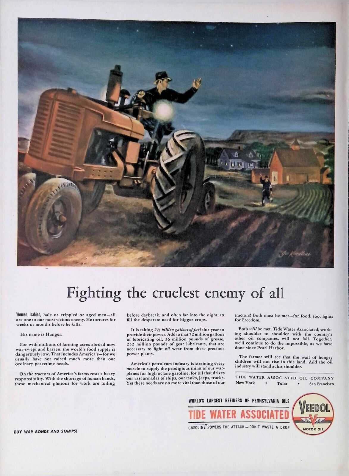 Vintage Print Ad WWII 1944 Veedol Oil Joe Kaneyoius Art Buy War Bonds Stamps