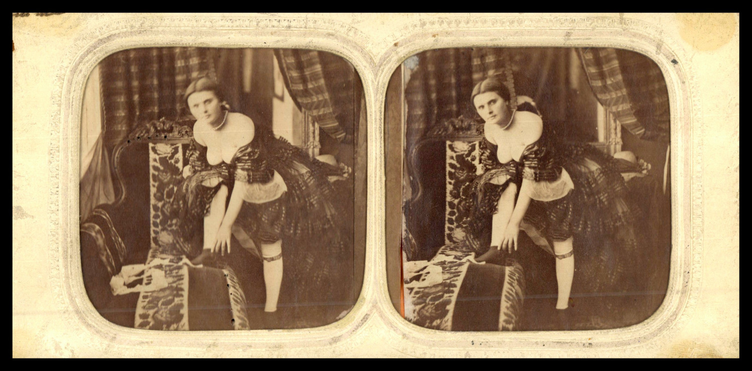 Mid-Nude Woman Lowering Her Bottom, ca.1870, Stereo Day/Night (French Tissue) Print 