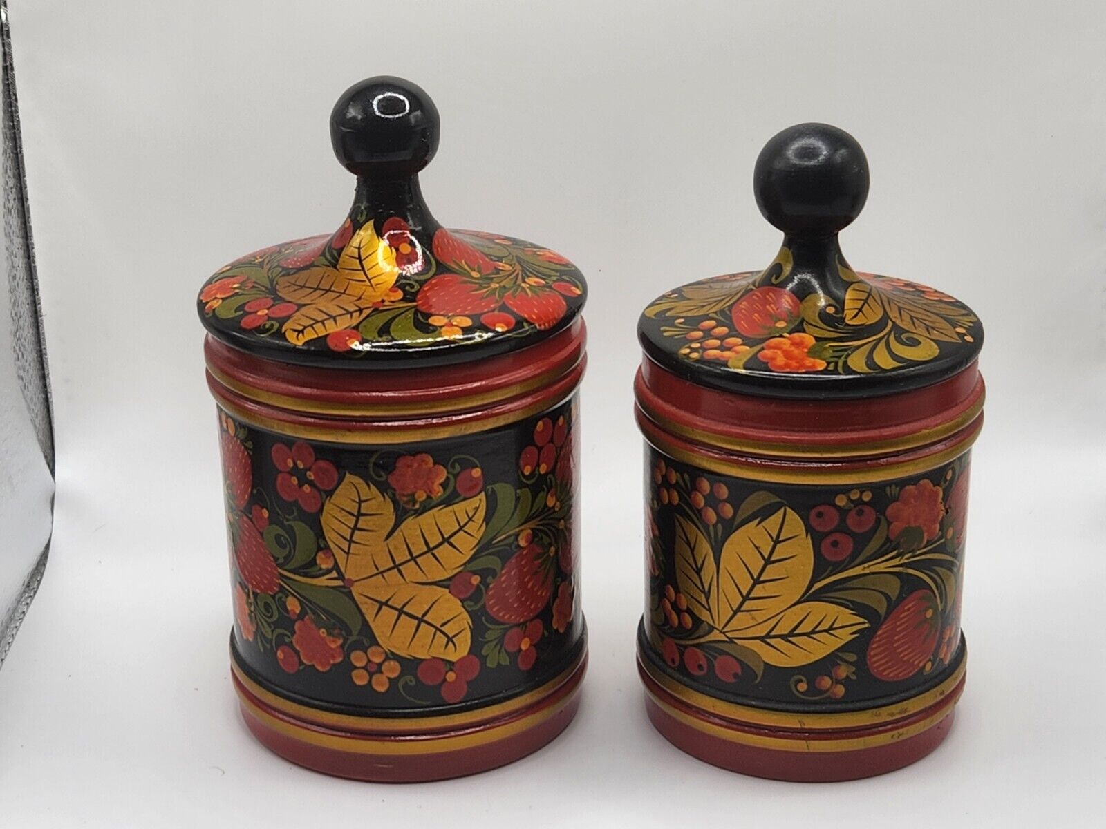 Vintage Russian Khokhloma Hand Painted Canister Set With Lids