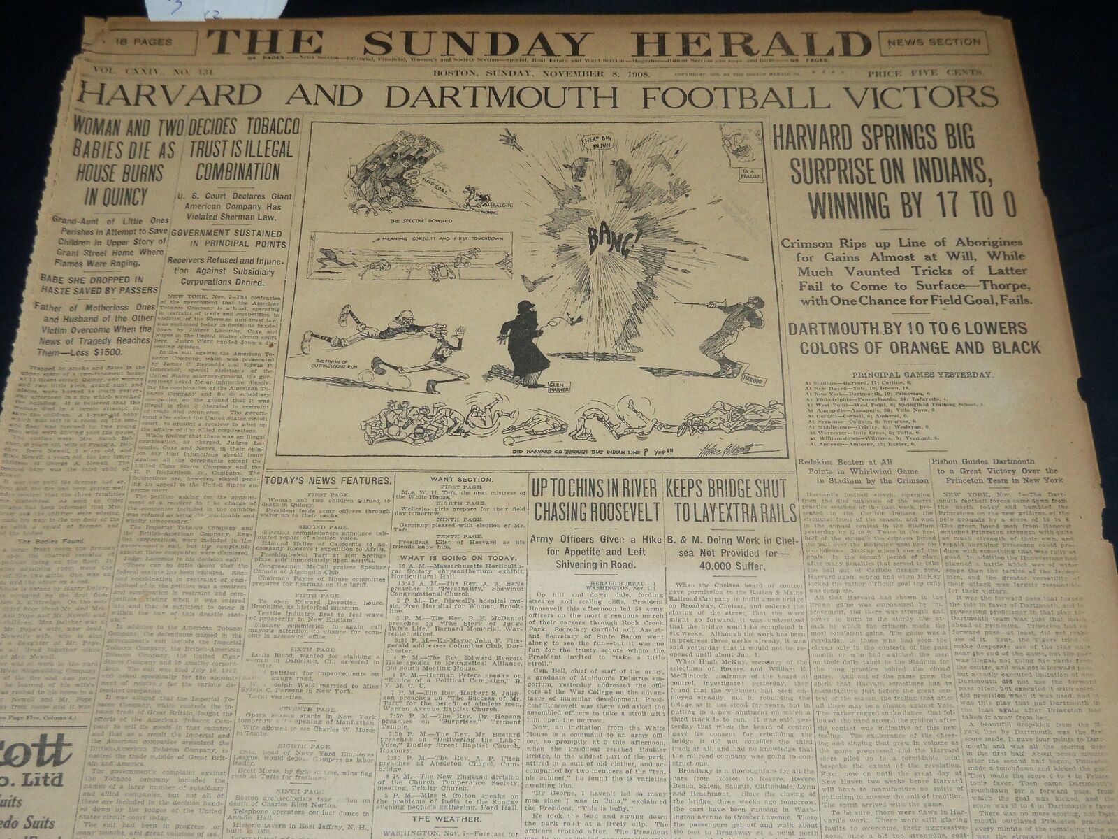 1908 NOVEMBER 8 THE BOSTON HERALD -HARVARD & DARTMOUTH FOOTBALL VICTORS - BH 245