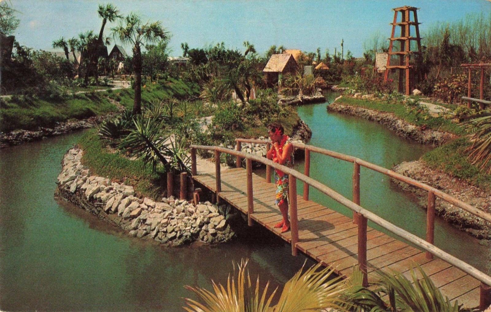 Indian Rocks Beach FL Florida, Polynesia Tiki Gardens Bridge, Vintage Postcard