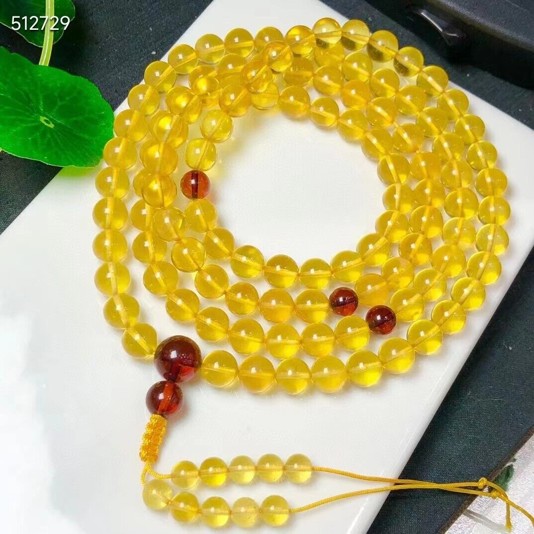 7mm Natural Gold Amber Crystal Round 108 Prayer Beads Bracelet Certificate