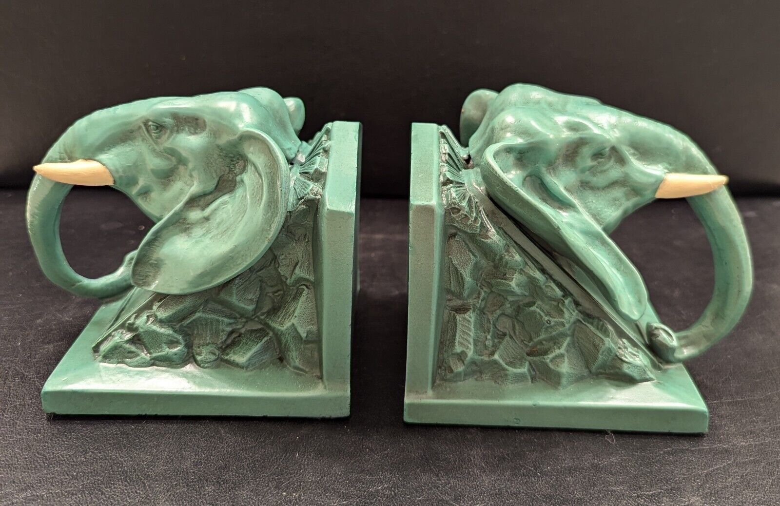 Antique L.V. Aronson c.1922 Verdi Green Metal Elephant Bookends