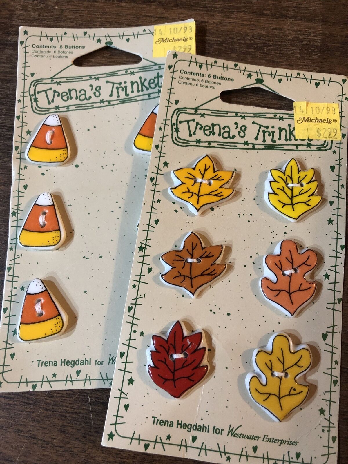 2 Cards Of Buttons Trena\'s Trinkets  1996/97 Ceramic Fall Leaves & Candy Corn
