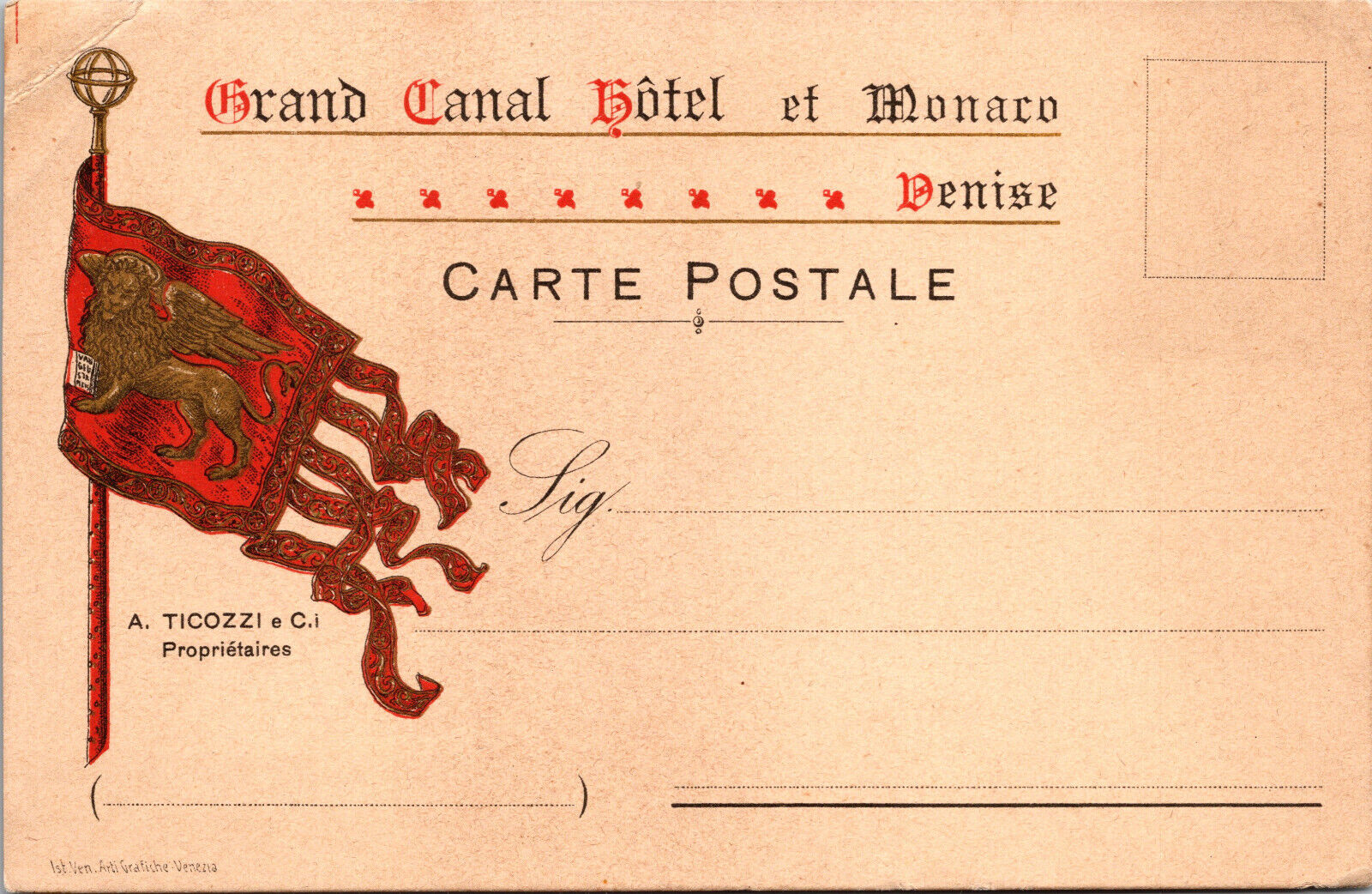 1900 Antique Grand Canal Hotel Monaco Venice Italy Unposted Postcard