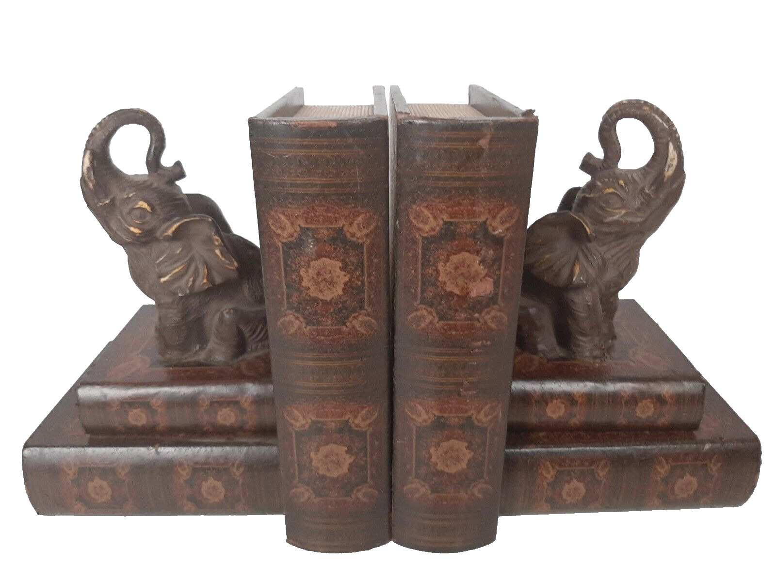 Pair of Vintage Carved Wood Elephants On Books Bookends Antique Old World Style