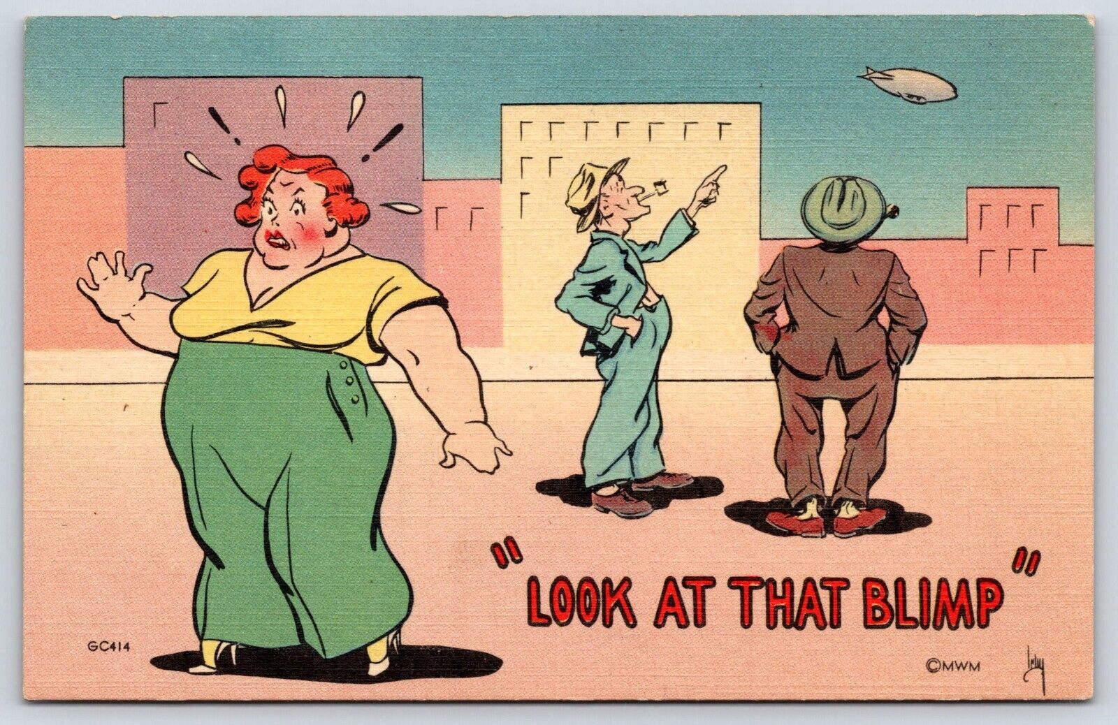 Vintage Postcard Look at that Blimp