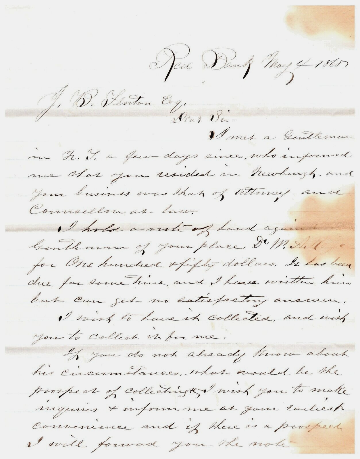 1868 Handwritten Letter J L Conover Red Bank NJ New Jersey Loan Payment Fenton