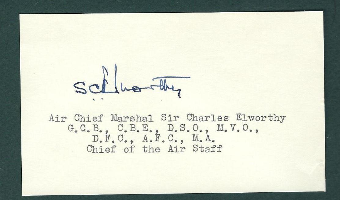 Sir Charles Elworthy signed 3x5 card Marshal of the Royal Air Force served WWII