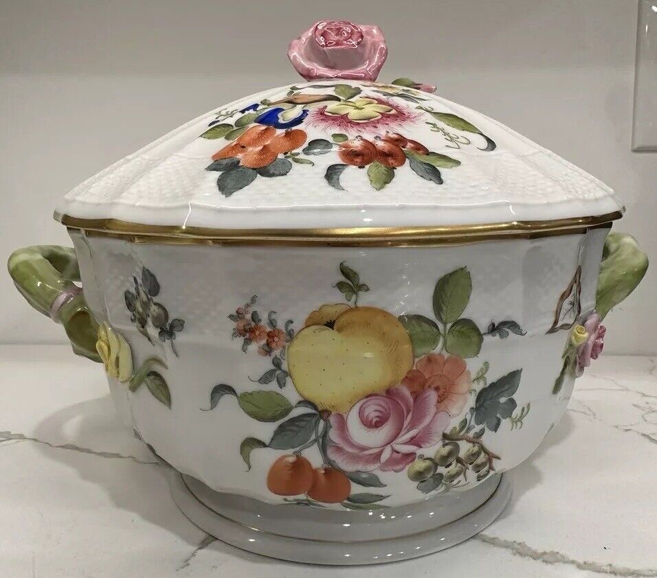 Herend Fruits And Flowers Tureen With Rose Lid Asparagus Handles