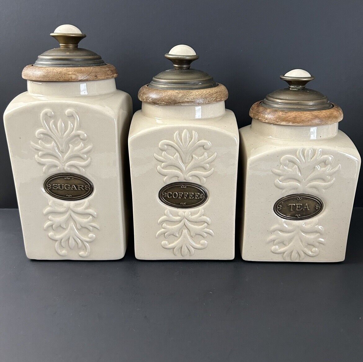Set Of 3 Roma Collection Canisters By Jay Import With Wood Lids Sugar Coffee Tea
