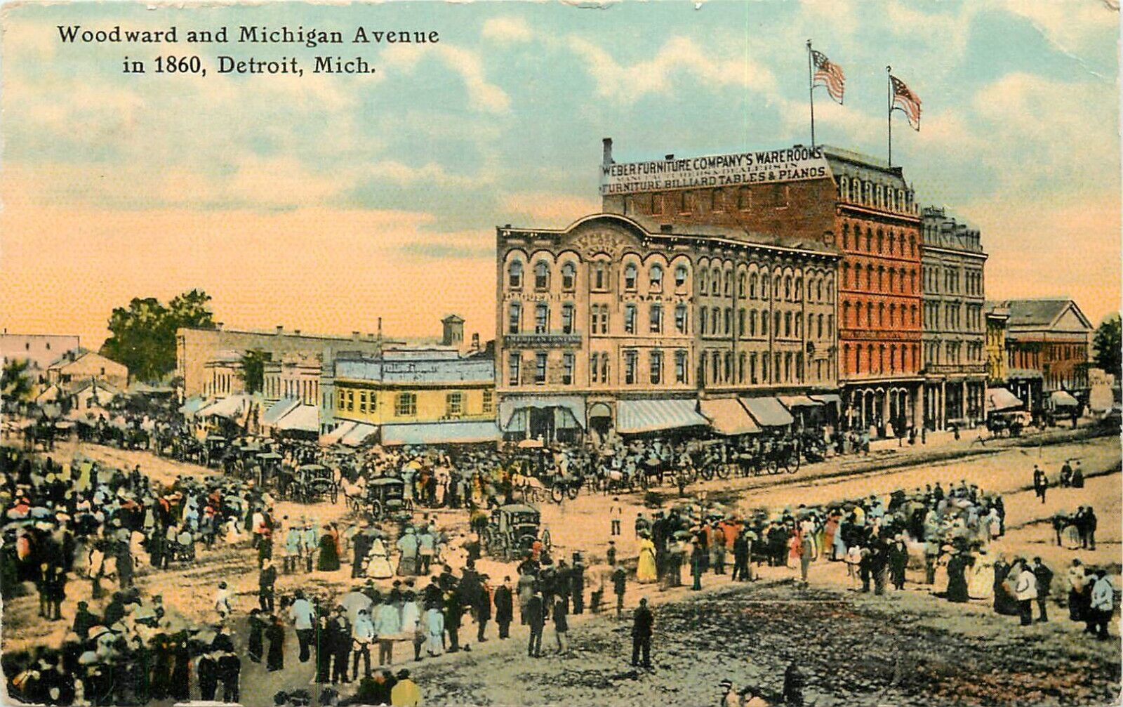 1911 Woodward and Michigan Avenue in 1860, Detroit, Michigan Postcard