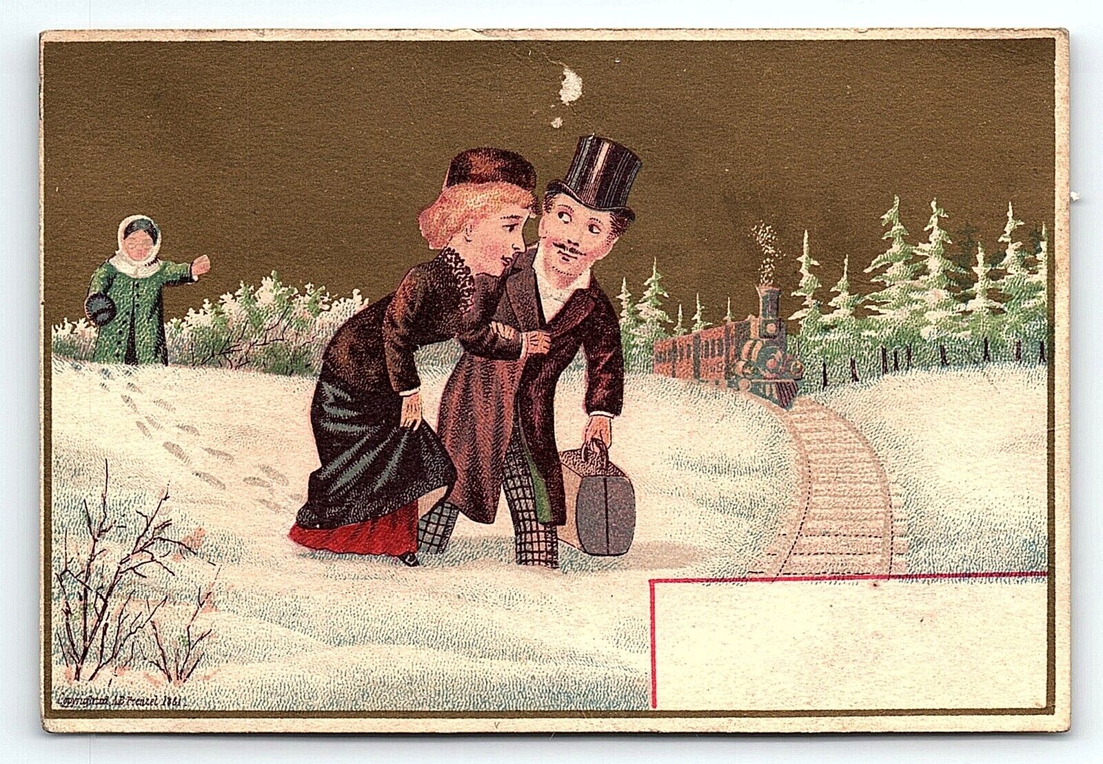 c1880 VICTORIAN COUPLE IN SNOW TRAIN APPROACHING VICTORIAN TRADE CARD Z4115