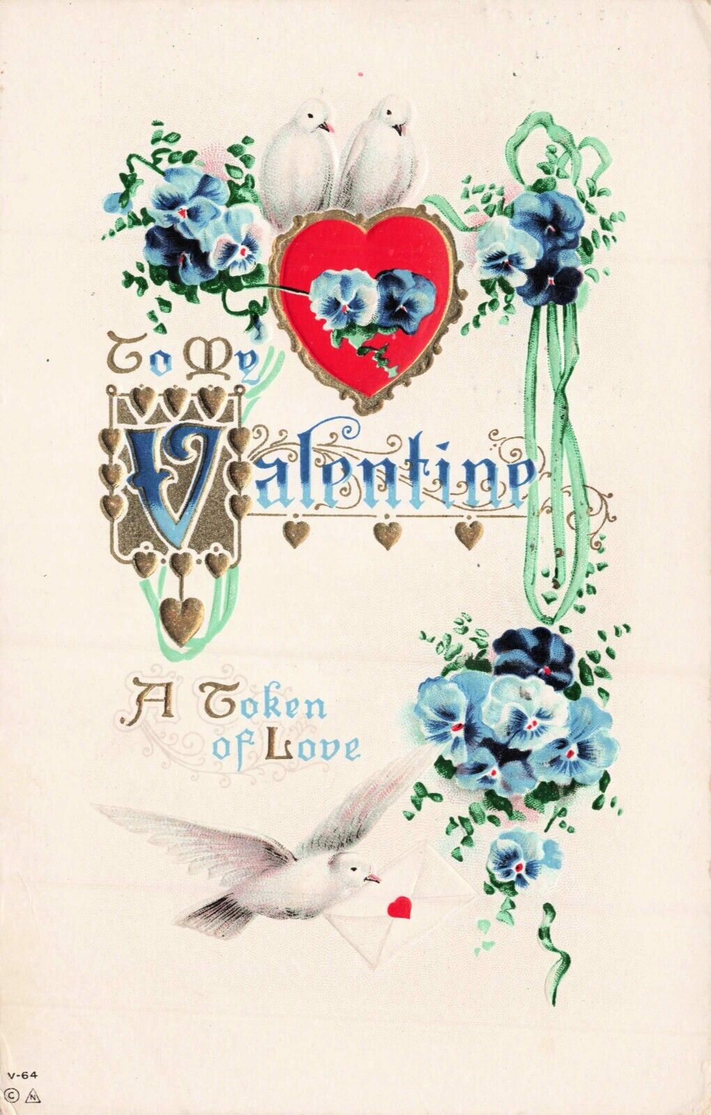 Valentine Token Love VTG 1914 Omaha NE art embossed Postcard heart dove flower