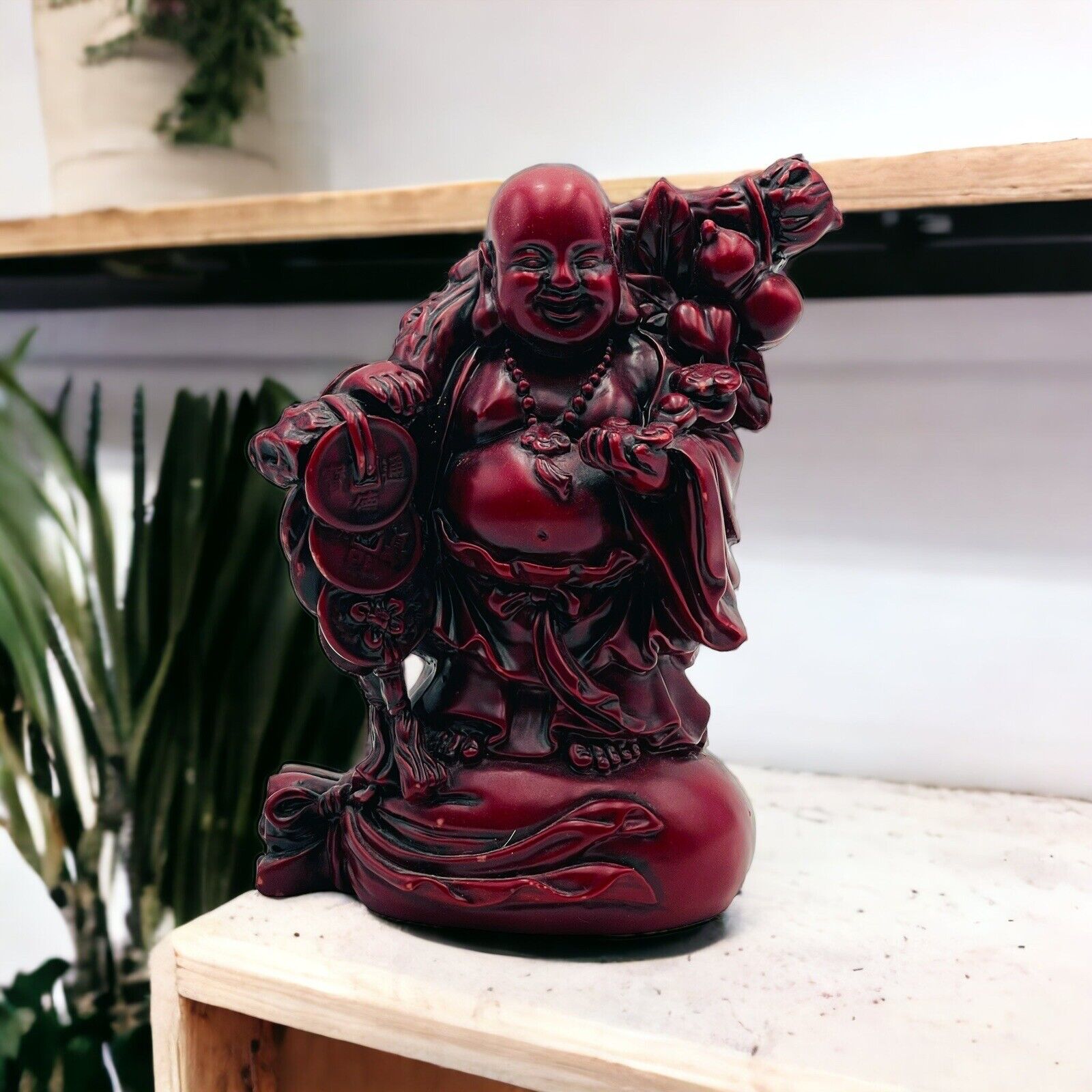 Laughing Buddha Statue Red Resin Standing Chinese 4.5\