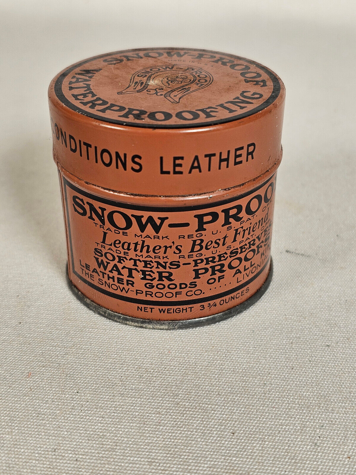 VINTAGE SNOW-PROOF WATERPROOFING LEATHER\'S BEST FRIEND CIRCULAR TIN LIVONIA, NY