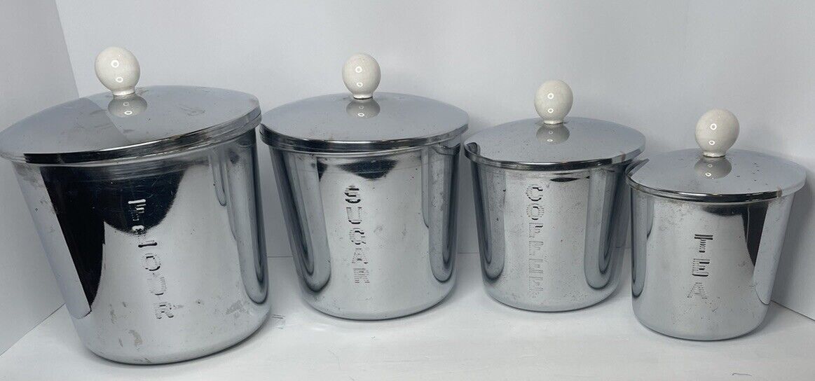 Vtg Everedy Metal 4 Pc Canister Set Porcelain Knobs Retro Silver Kitchen Chrome