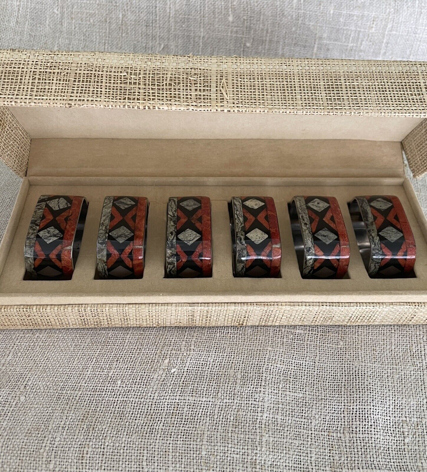 Metal Napkin Rings Set of Six In Box with Mother Of Pearl Diamond Pattern