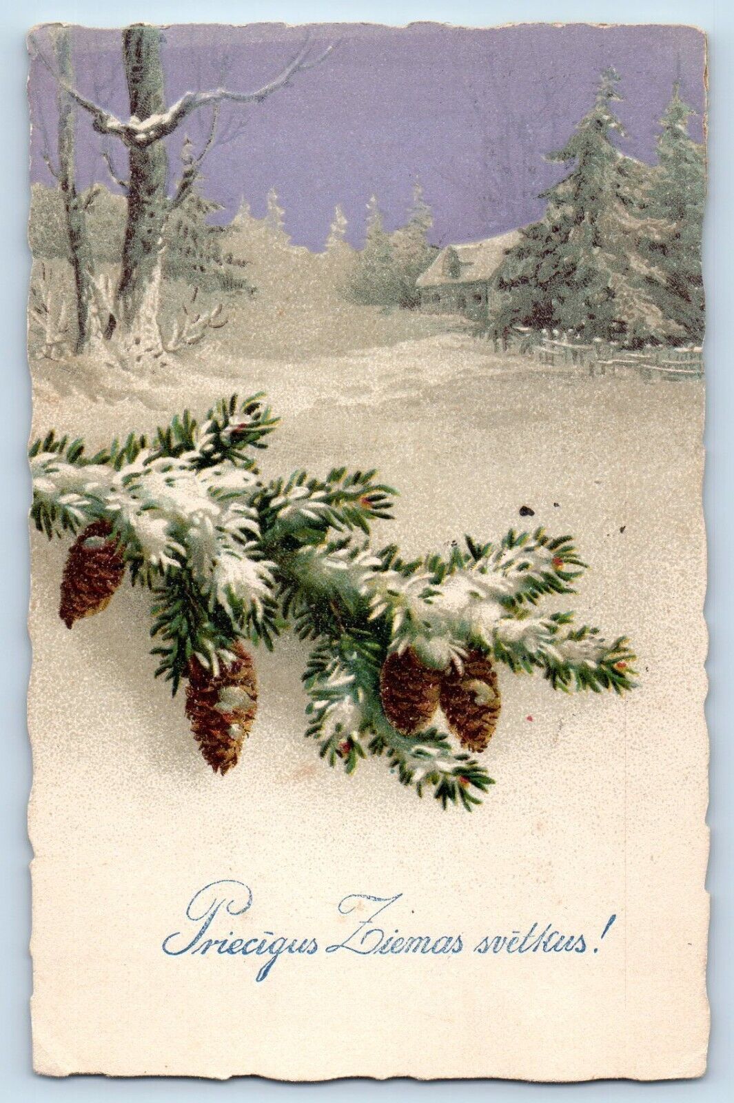 Latvia Postcard Christmas Pinecone Winter Scene House And Pinetree c1910's
