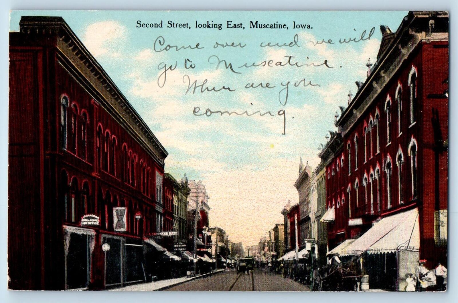 c1910\'s Second Street Looking East Railway Building Muscatine Iowa IA Postcard