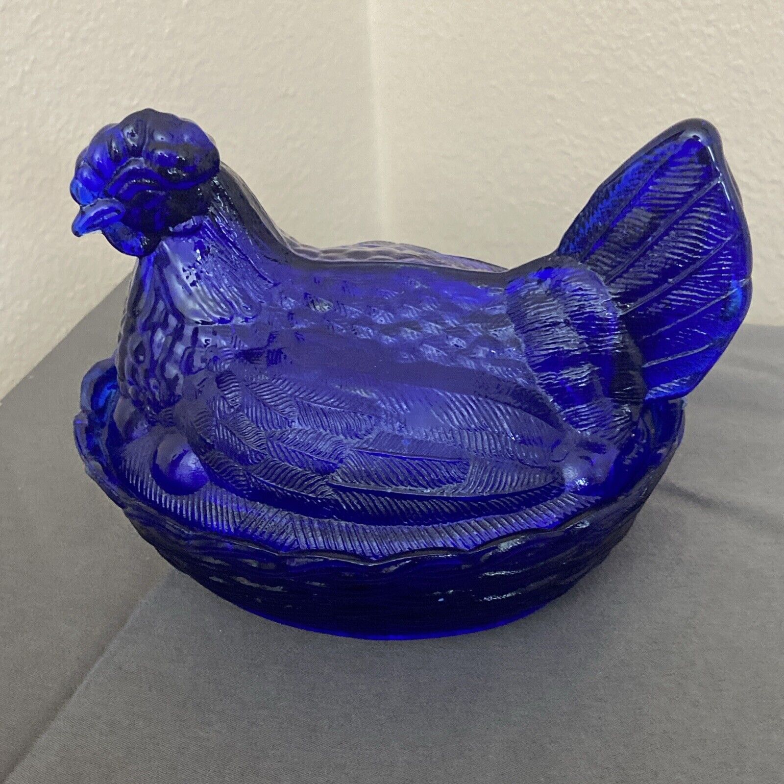 Vintage Cobalt Blue Glass Chicken on Basket Weave Nest 6\