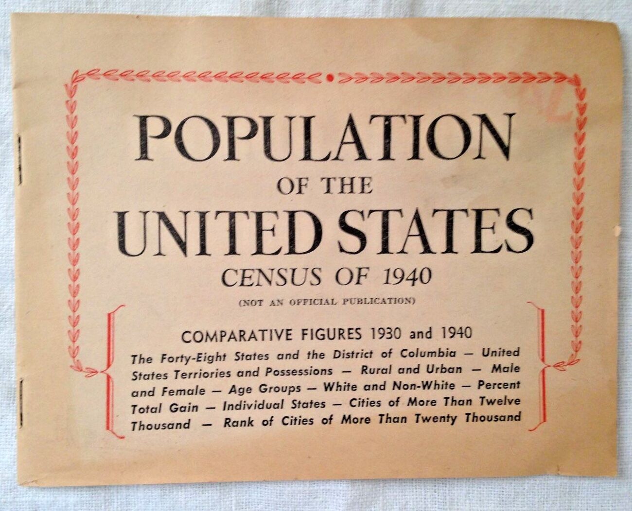 POPULATION OF THE UNITED STATES CENSUS 1940 - 4 3/4 X 6 +