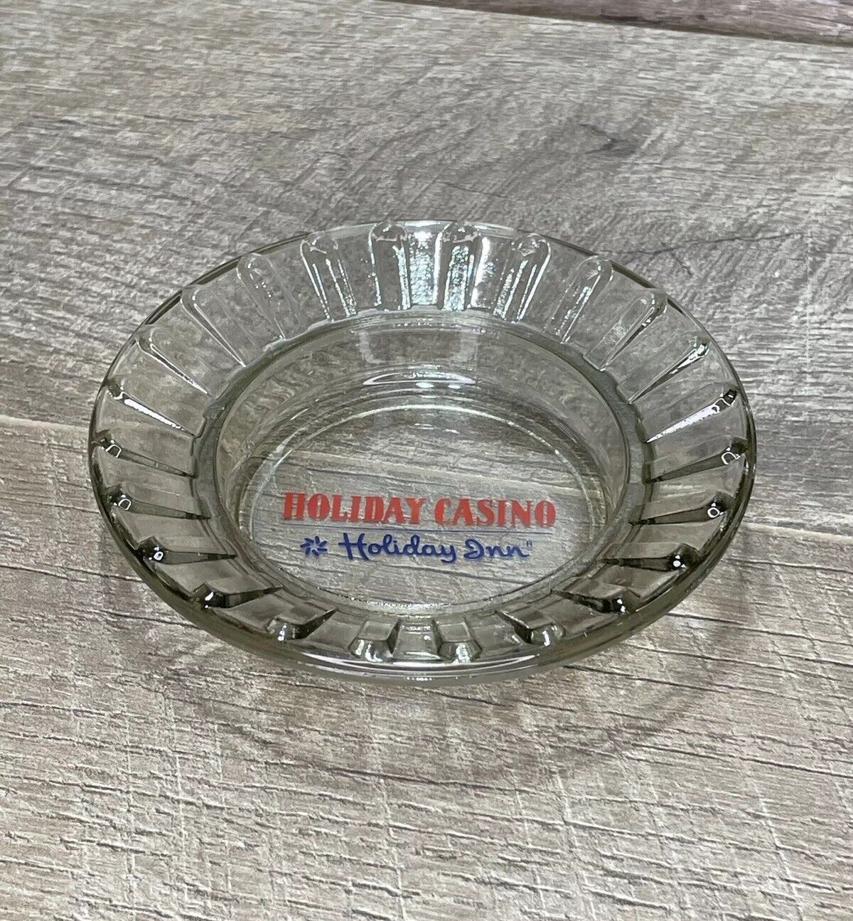 Holiday Casino Holiday Inn Vintage Ashtray Clear Round Red & Blue Letter