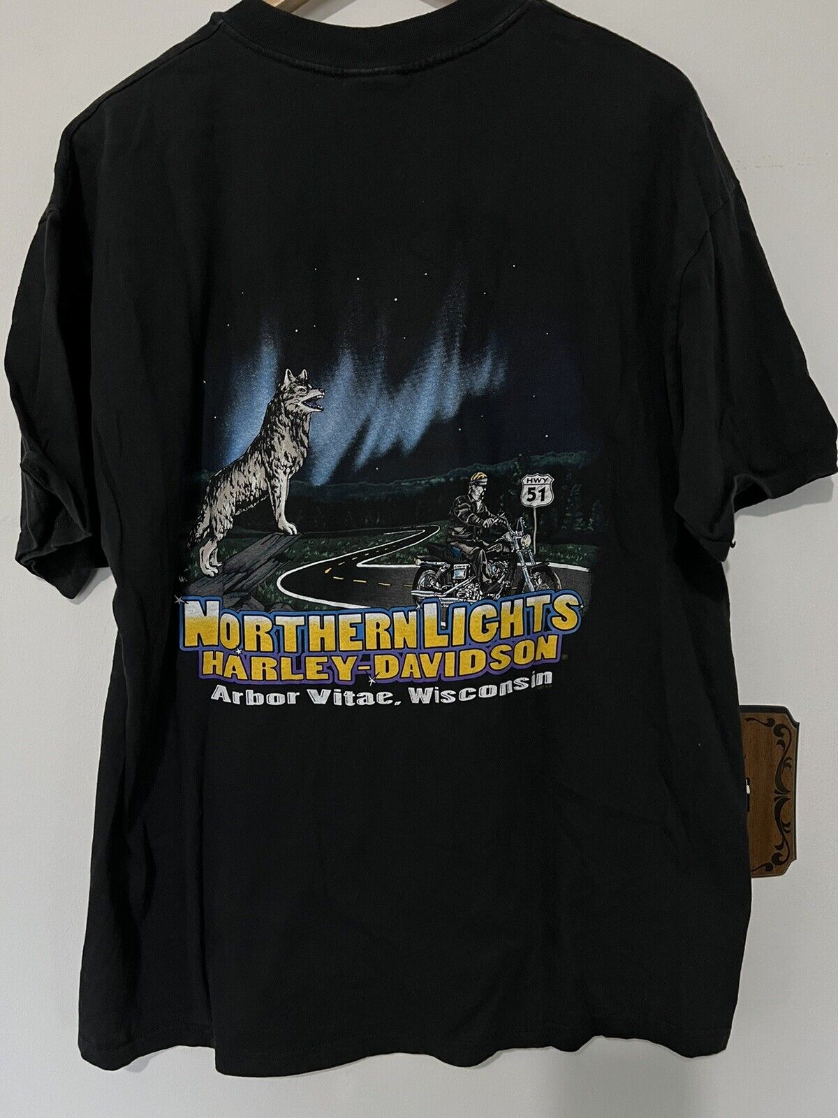 Vintage 1997 Harley Davidson Wolf Northern Lights Arbor Vitale WI Shirt XL Black