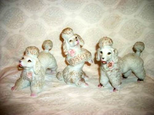 1950s FRENCH SPAGHETTI POODLES SET 3 LARGE FIGURINES GILT APPLIED ROSES HP JAPAN