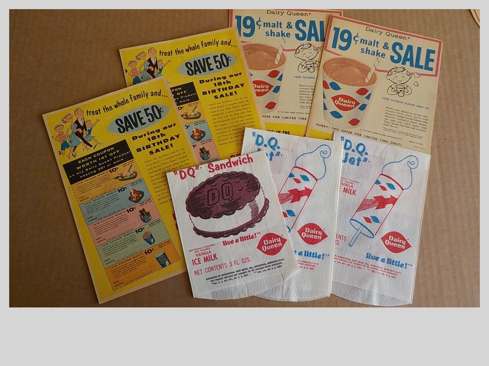 VINTAGE 1958-59 ORIGINAL DAIRY QUEEN PAPER ADS AND WRAPPERS