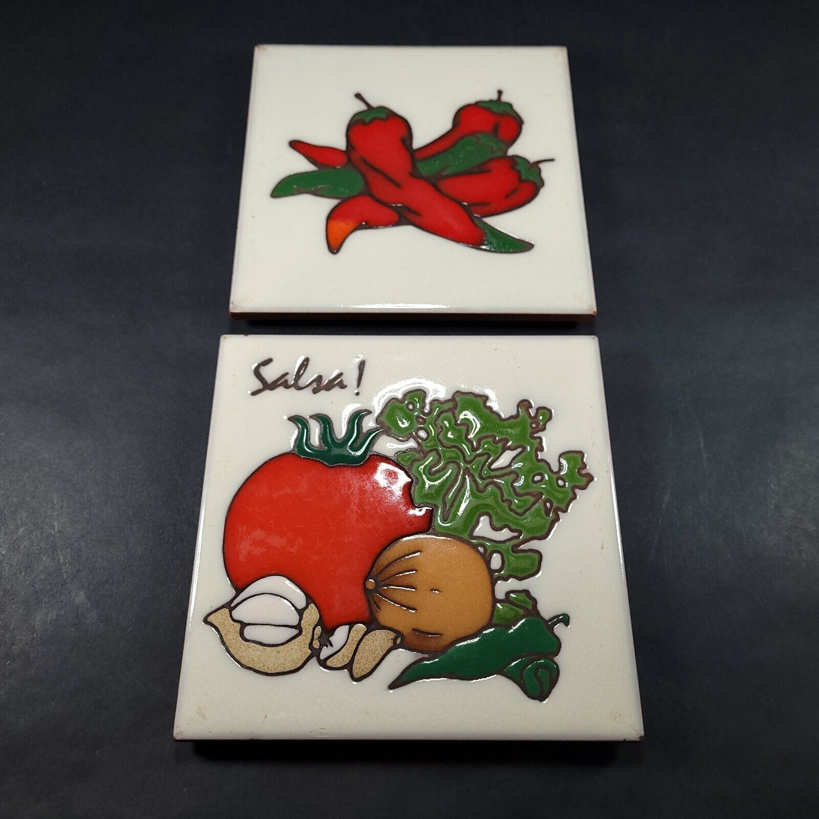 Masterworks Hand Crafted Ceramic Tile Trivet Salsa and Peppers set of 2 6x6