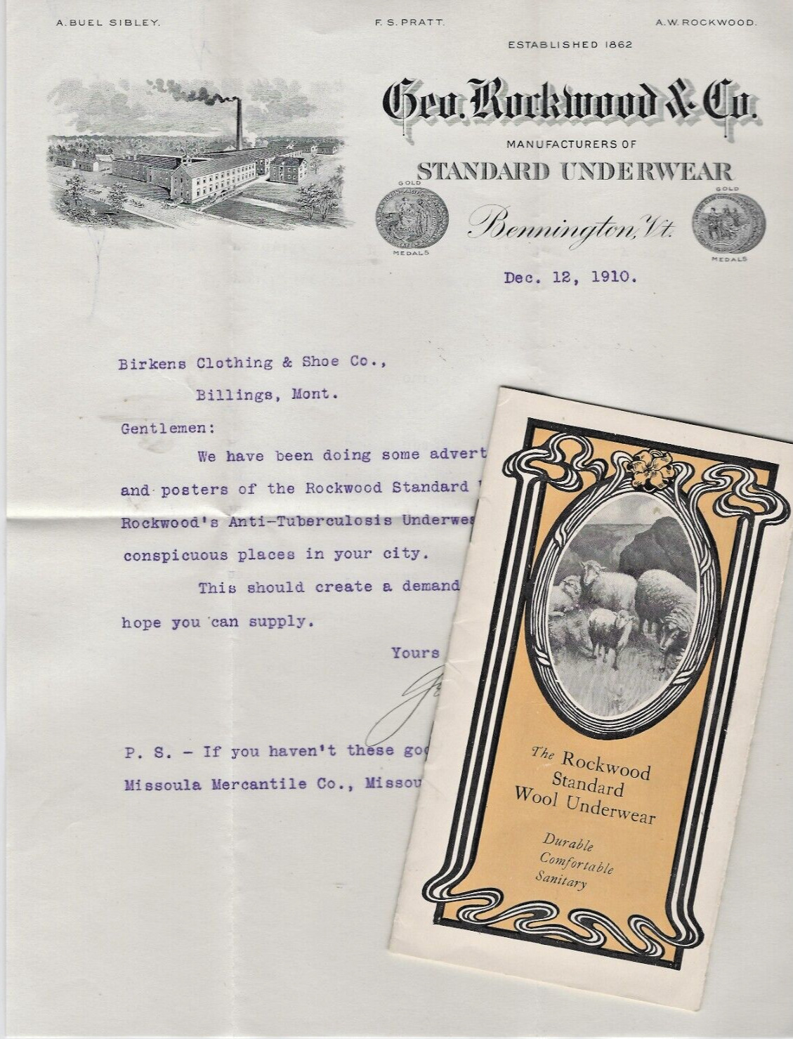 Letterhead 1910 Geo. Rockwood & Co. Bennington VT LongJohns Ephemera w Booklet