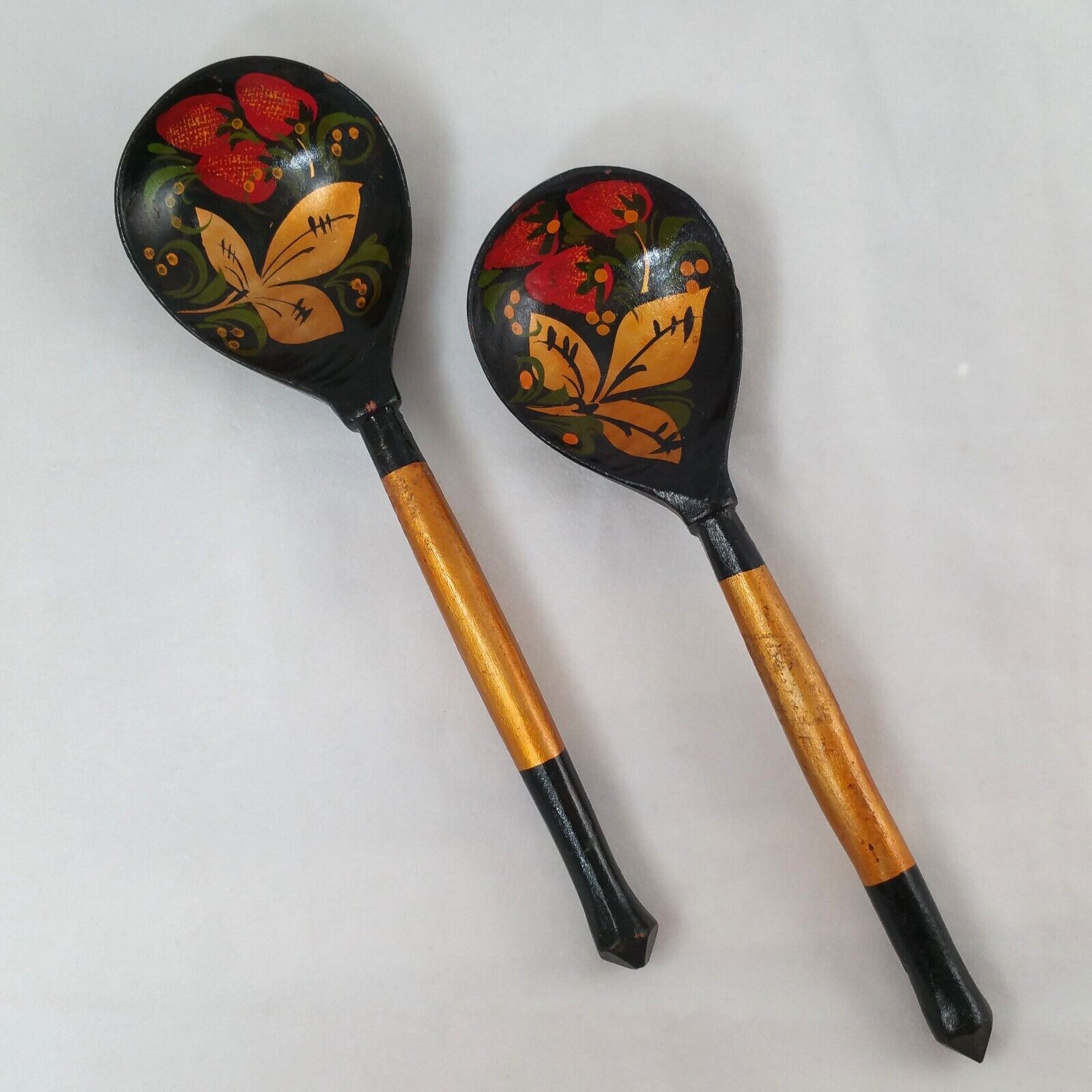 Vintage Russian Khokhloma Hand Painted Strawberry Wood Spoons Lot Of 2