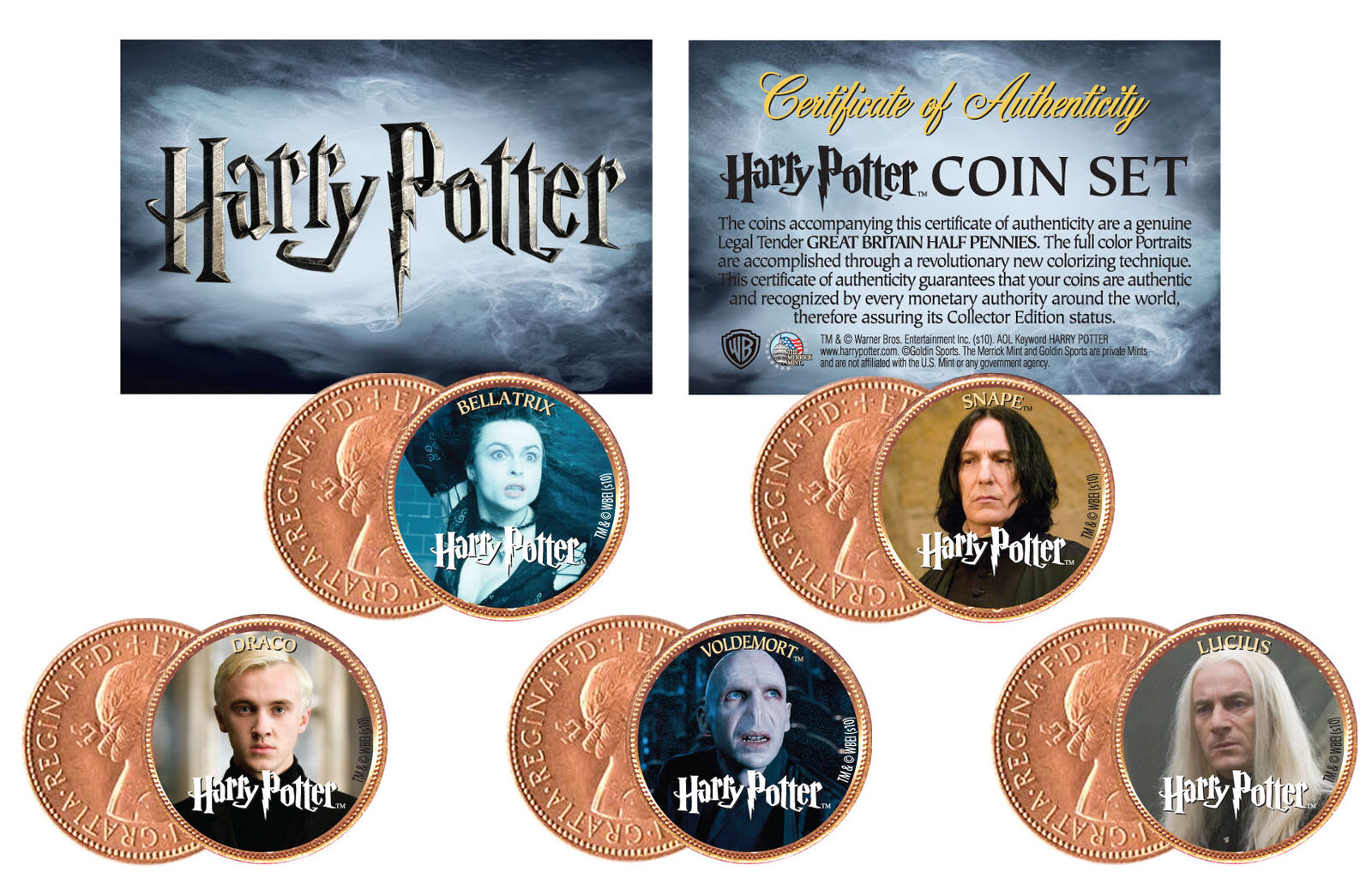Harry Potter * VILLAINS * Colorized UK British Halfpenny 5-Coin Set * Licensed *
