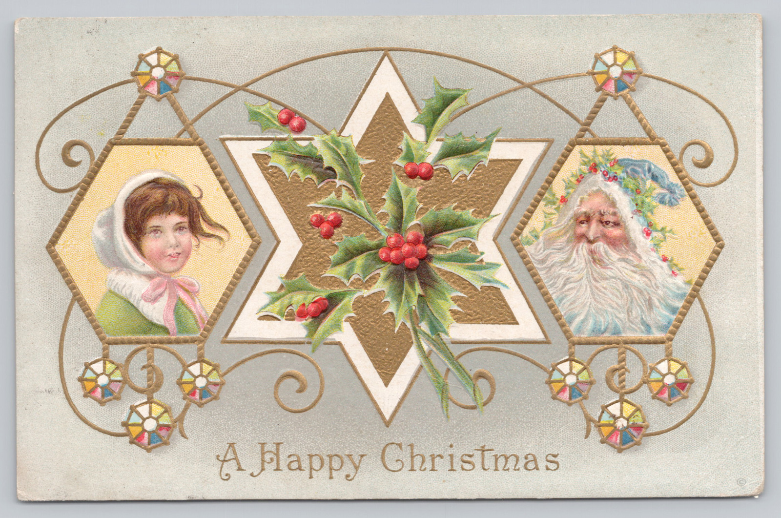 Postcard A Happy Christmas Blue Robed Santa 1900's