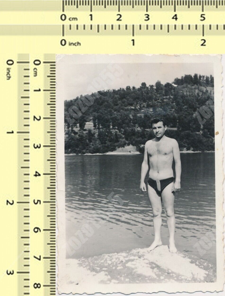 Shirtless Handsome Man Beach Adult Summer Male Trunks Bulge old photo original