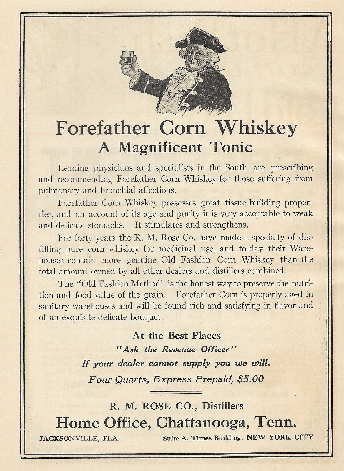 Antique 1900's Alcohol - Forefather Corn Whiskey - Magnificent Tonic  - 1908 AD