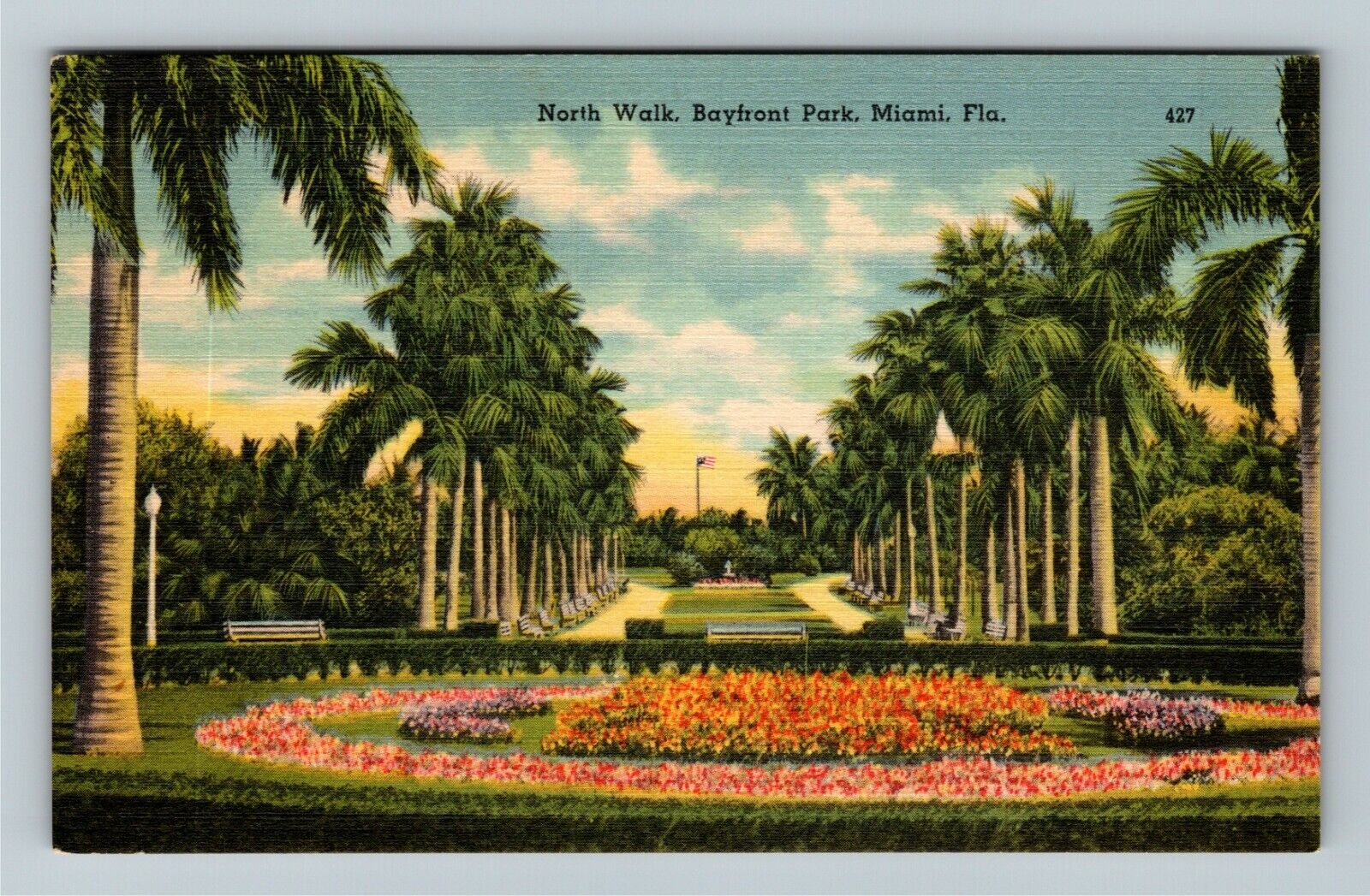 Miami, FL-Florida, Bayfront Park Scenic Walkway, Flowers, Vintage Postcard