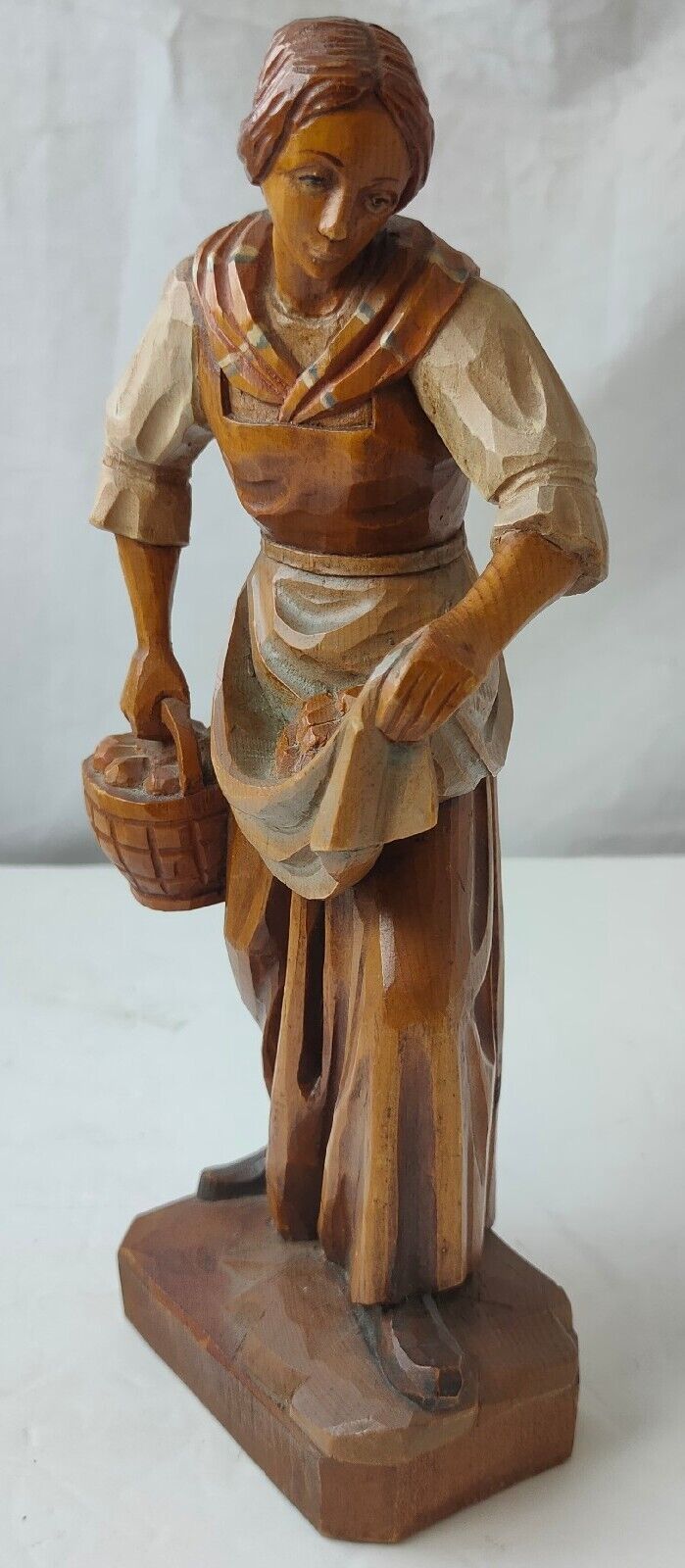 Vintage Woman with a Handmade Basket Carved Wooden Sculpture Size 10in *5in *5in