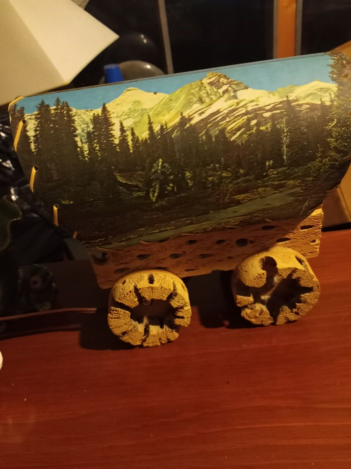 Vintage Wooden Western Covered Wagon Night Light Lamp Stagecoach Works