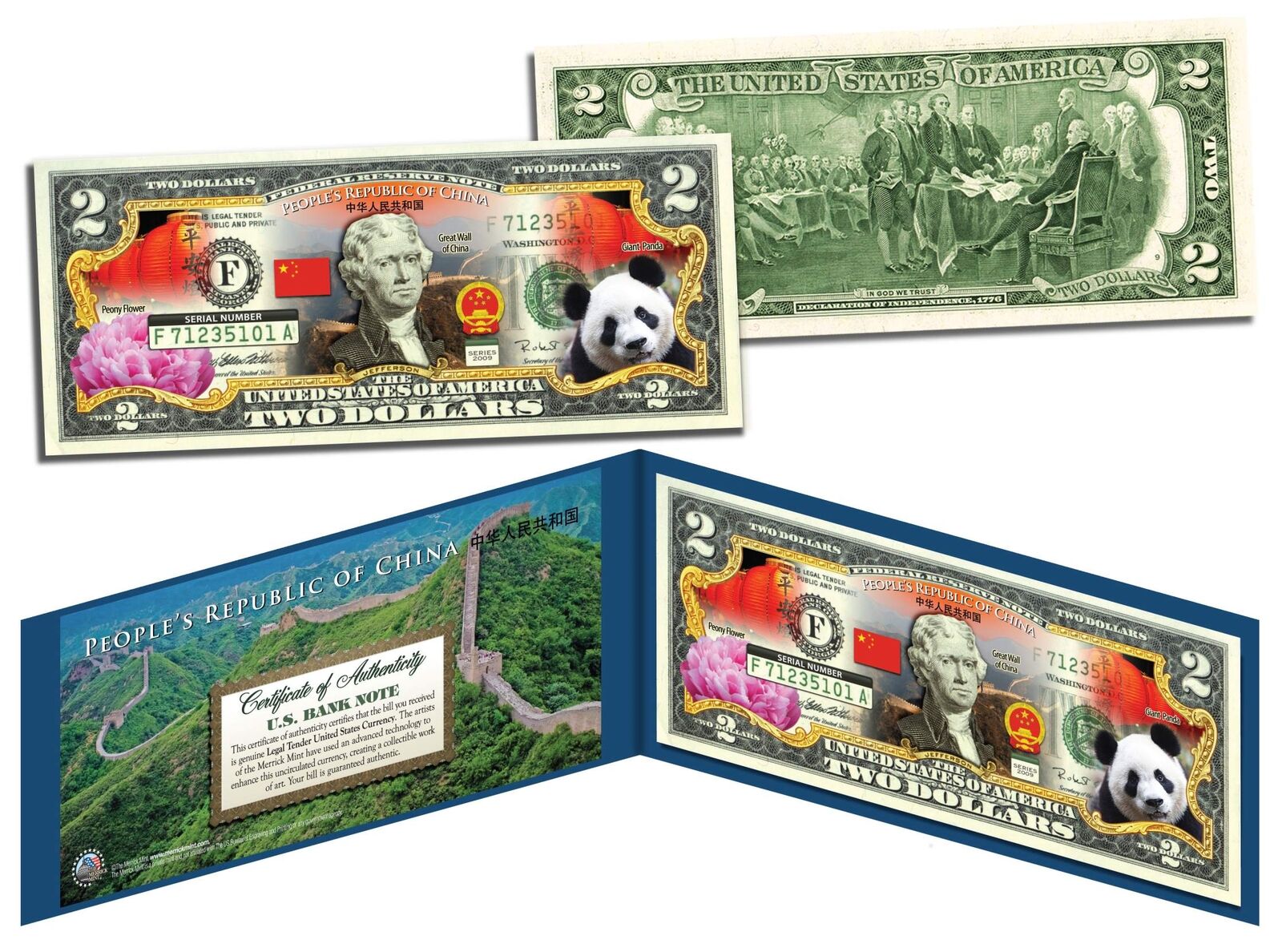 PEOPLE'S REPUBLIC OF CHINA Colorized $2 Bill U.S. Legal Tender Panda Great Wall