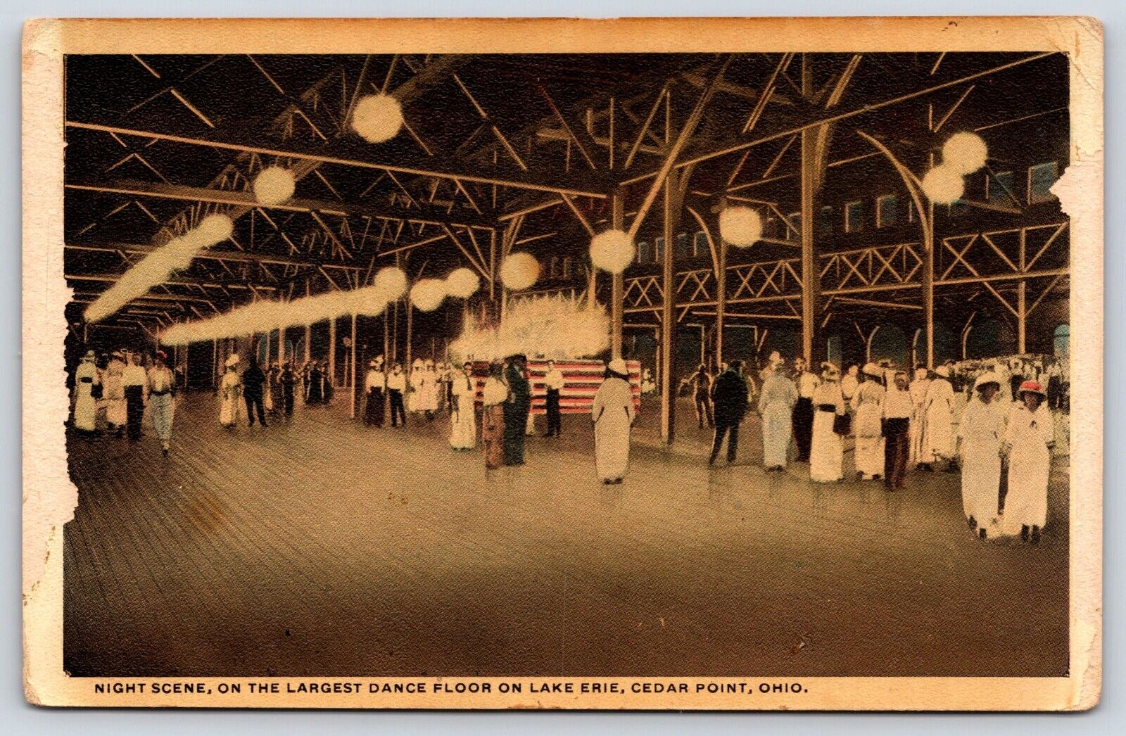 Ohio Cedar Point Night Scene Largest Dance Floor Lake Erie Vintage Postcard